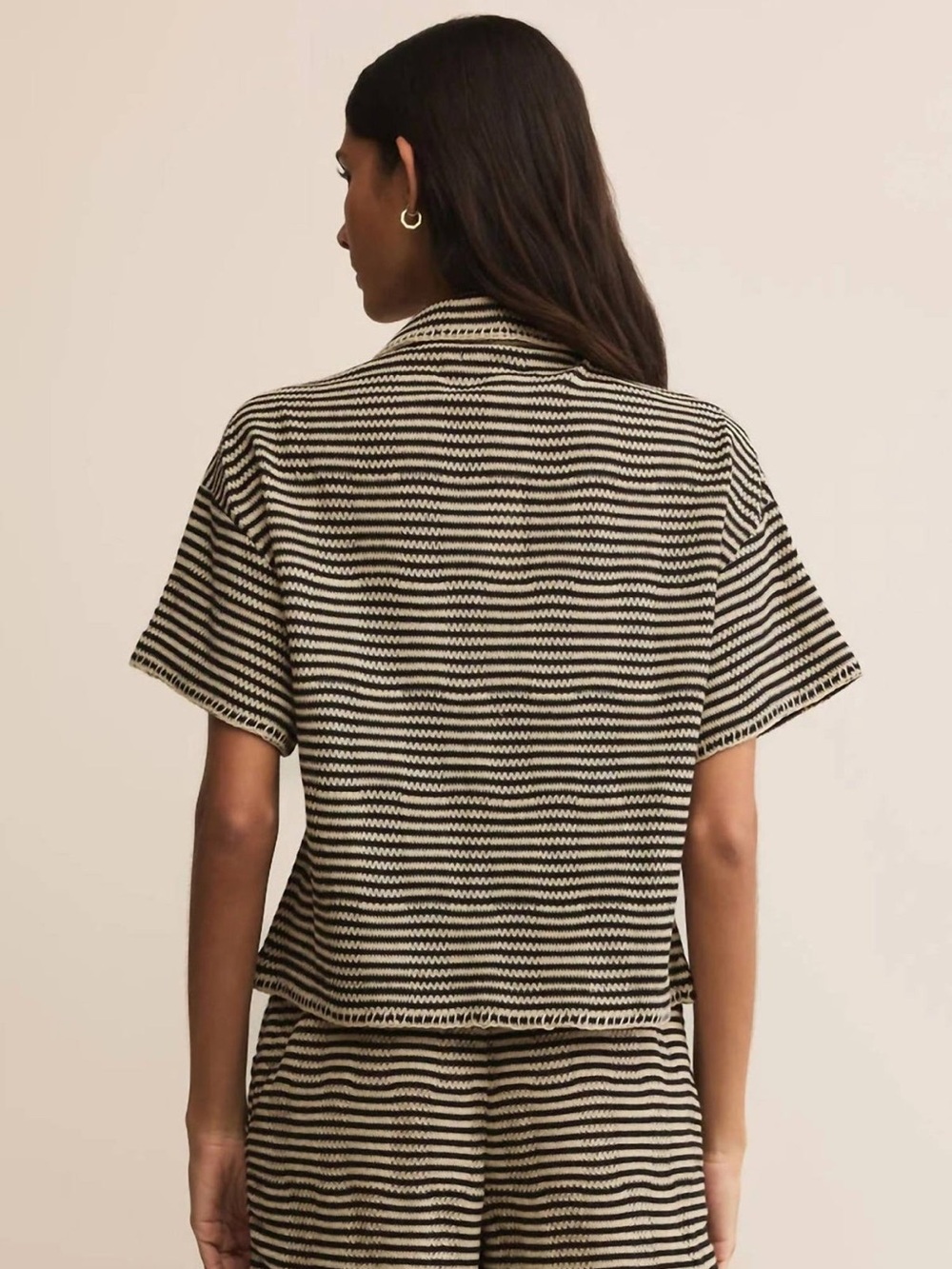 Z SUPPLY Monaco Crochet Button Up Black and Cream Striped Short-Sleeve Small - Picture 5 of 16